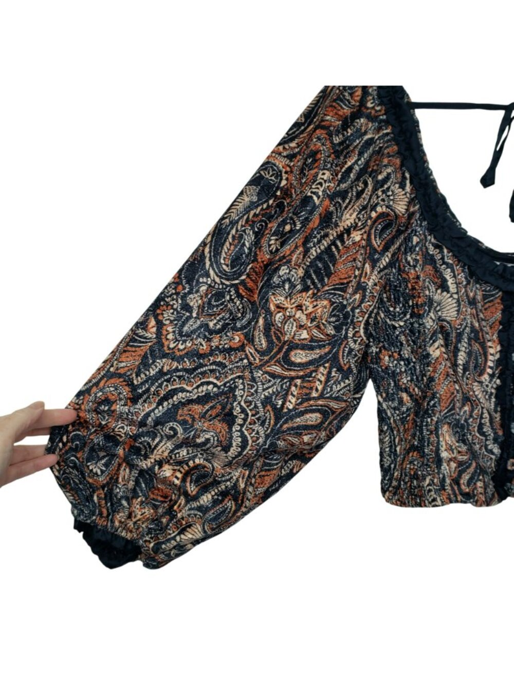Free People Dare Me Velvet Puff Sleeve Blouse Milkmaid Paisley Blue Orange Boho - Picture 10 of 14
